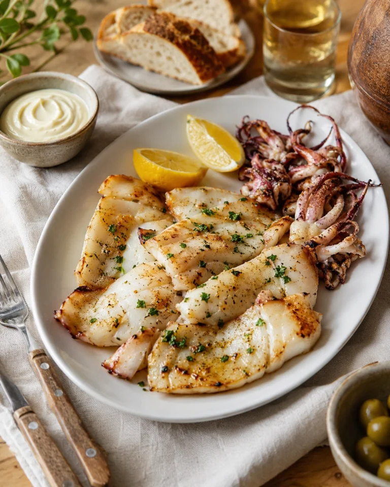 Sepia a la plancha en plato blanco con tentáculos dorados, limón fresco, alioli, pan rústico y aceitunas verdes.