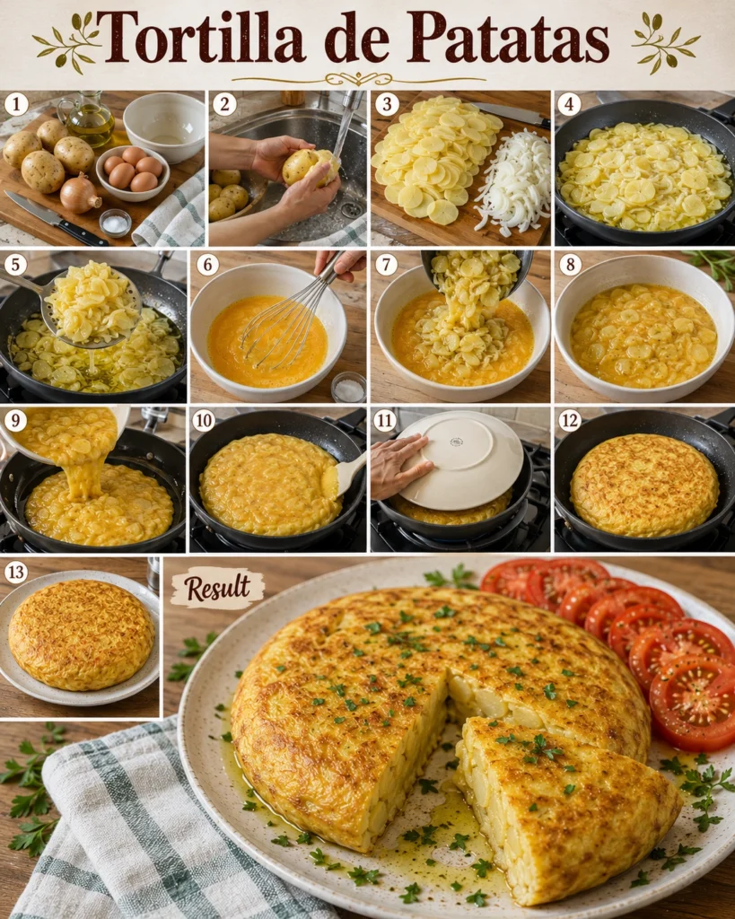 Tortilla de Patatas Perfecta en 30 Minutos 5 Collage con ingredientes, preparación y resultado final de una tortilla española elaborada en casa