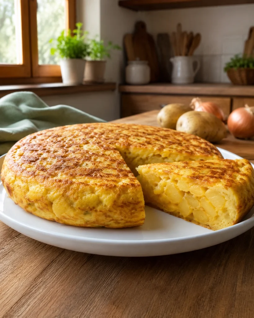 Tortilla de Patatas Perfecta en 30 Minutos 4 Tortilla recién preparada con una porción apoyada encima mostrando capas de patata cocinadas lentamente