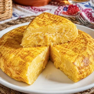 Tortilla de Patatas Perfecta en 30 Minutos 7 Tortilla dorada colocada sobre un plato blanco con una porción cortada en una cocina de estilo rústico