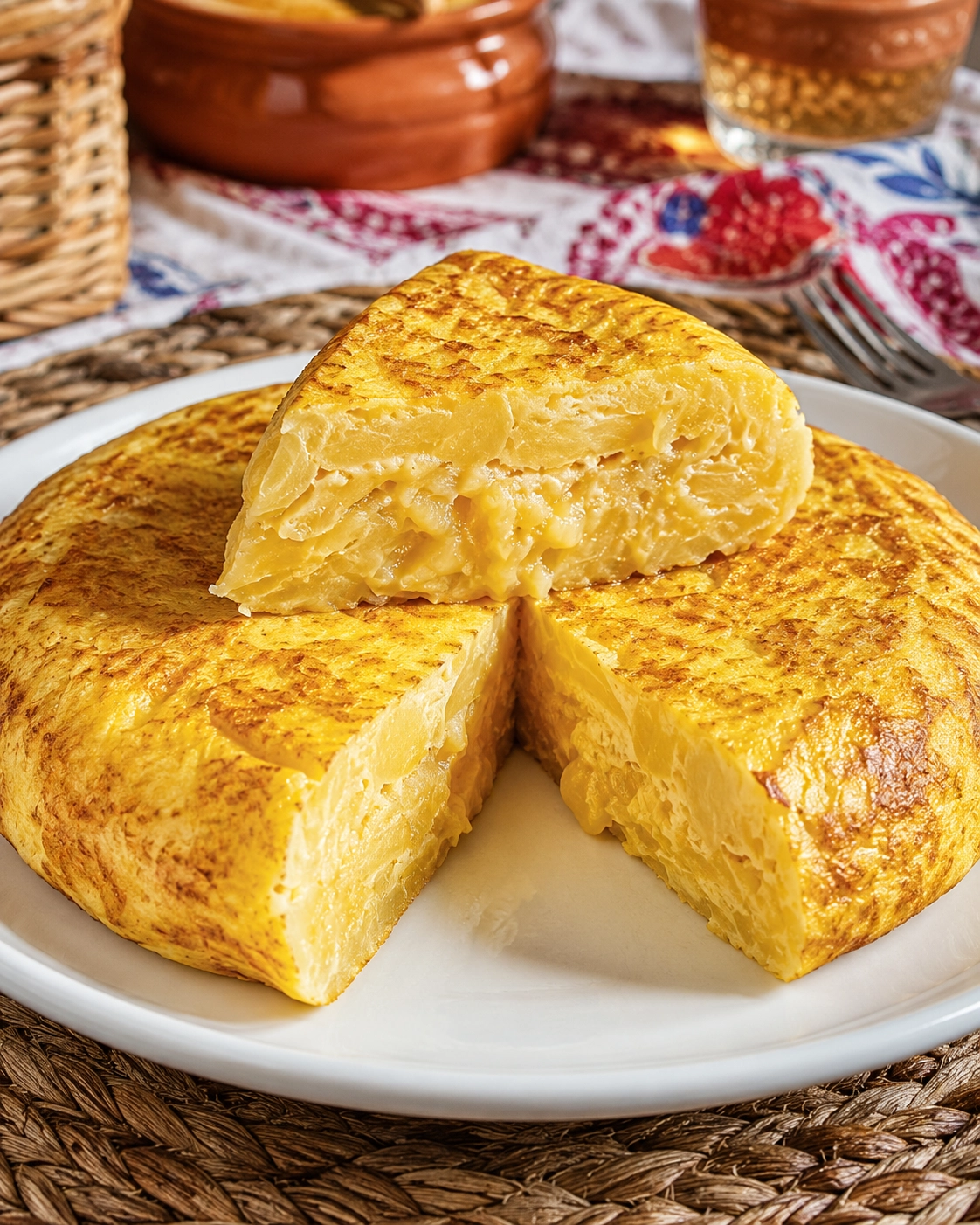 Tortilla de Patatas Perfecta en 30 Minutos 1 Tortilla dorada colocada sobre un plato blanco con una porción cortada en una cocina de estilo rústico