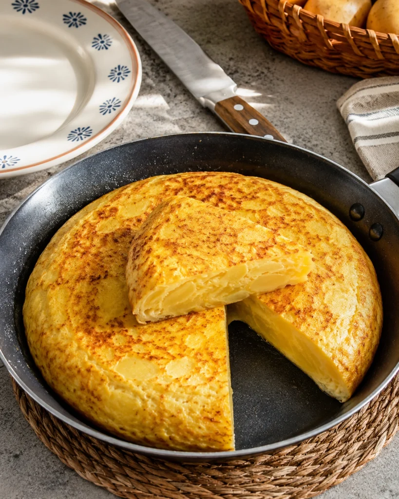 Tortilla de Patatas Perfecta en 30 Minutos 6 Porción de tortilla española sobre plato de cerámica mostrando una textura tierna y patatas suaves en el interior
