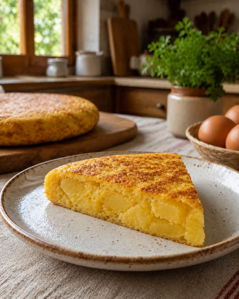 Tortilla de Patatas Perfecta en 30 Minutos 2 Tortilla cocinada en sartén antiadherente con una porción cortada que deja ver el interior tierno
