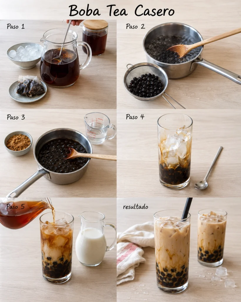 Infografía con seis pasos para preparar una bebida de té con leche, hielo y perlas de tapioca en casa.