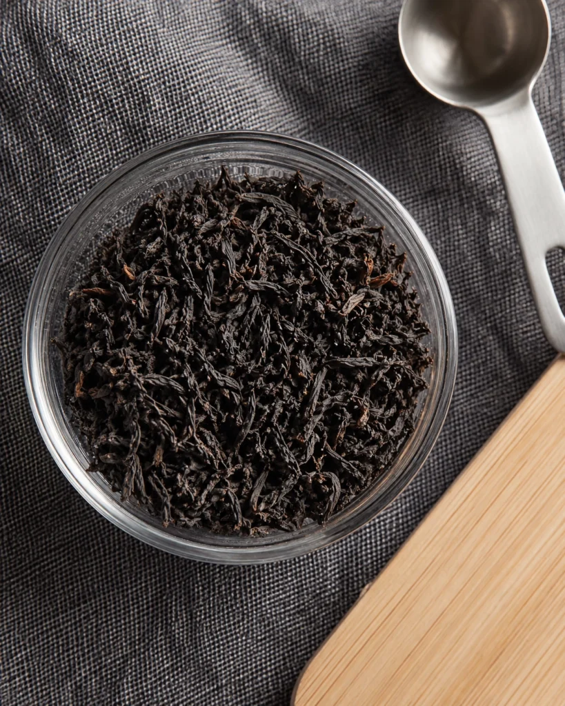 Cuenco de vidrio con hojas secas de té negro sobre una tela gris junto a una cuchara medidora.