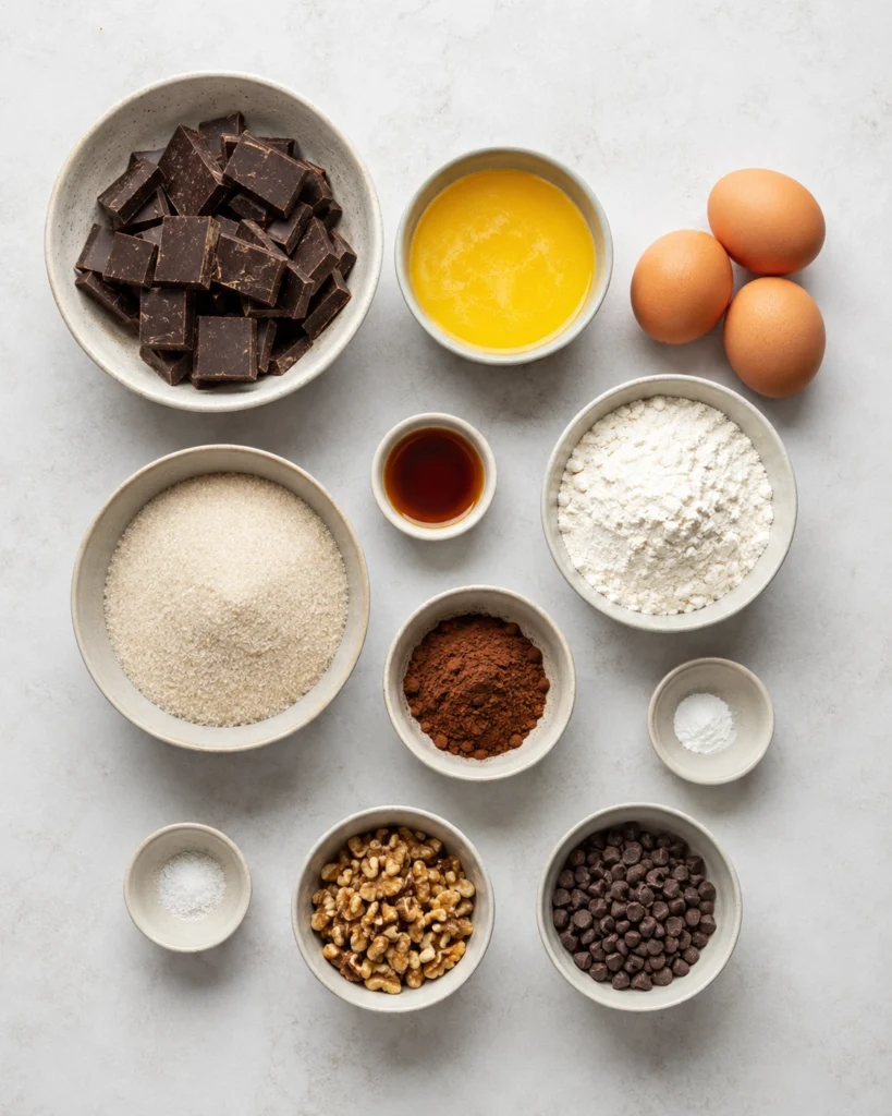 Ingredientes para preparar brownie casero con chocolate negro, huevos, harina, cacao, nueces y chips de chocolate.