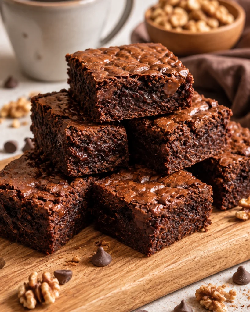 Cuadrados de brownie apilados sobre una tabla de madera con nueces y chips de chocolate alrededor.