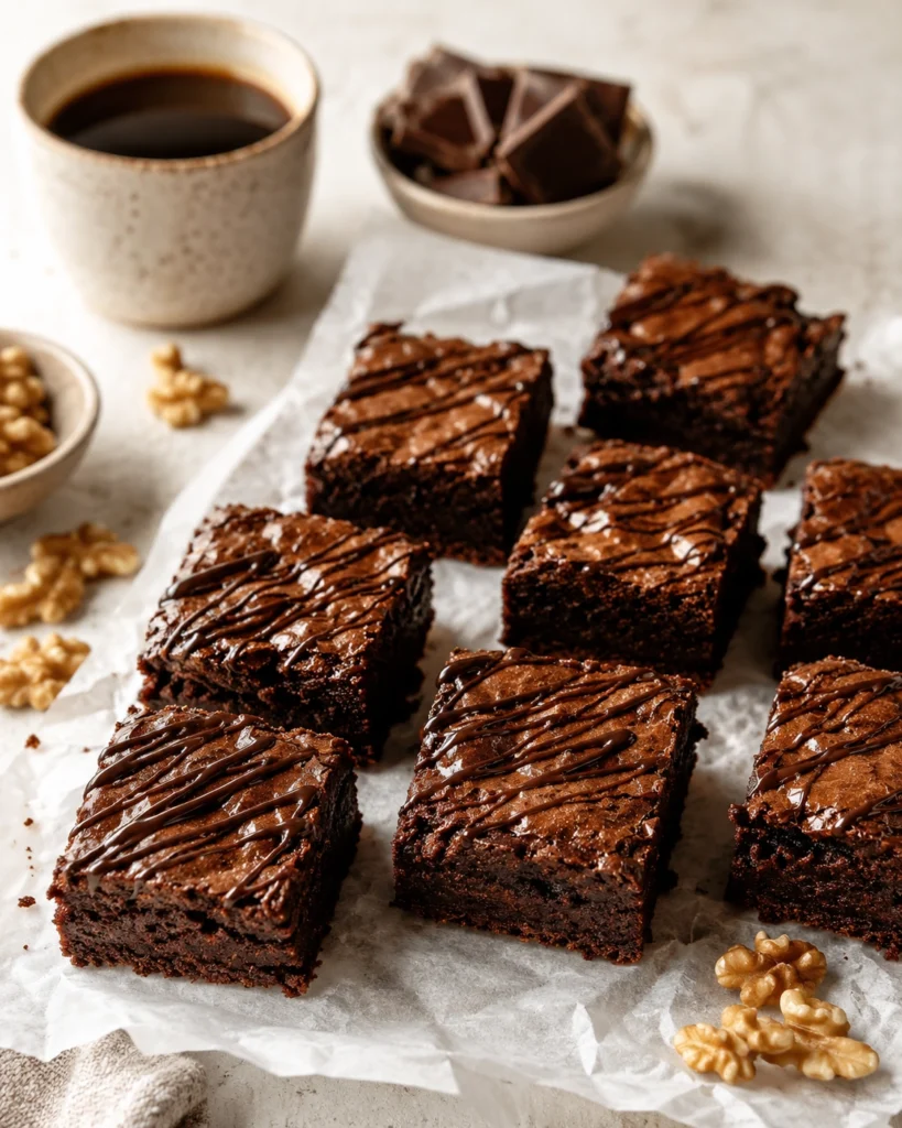 Porciones de brownie en freidora de aire sobre papel vegetal acompañadas de café, nueces y chocolate negro.