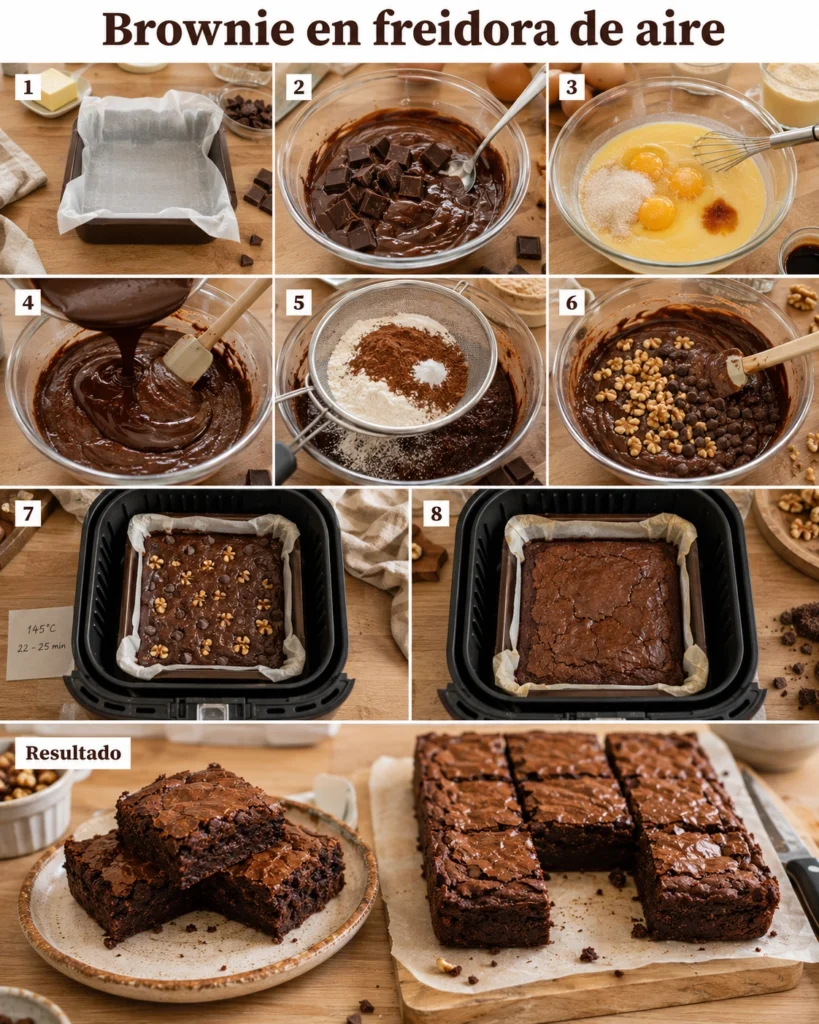 Collage con pasos para preparar brownie casero, desde el molde y la mezcla hasta la cocción y el resultado final.