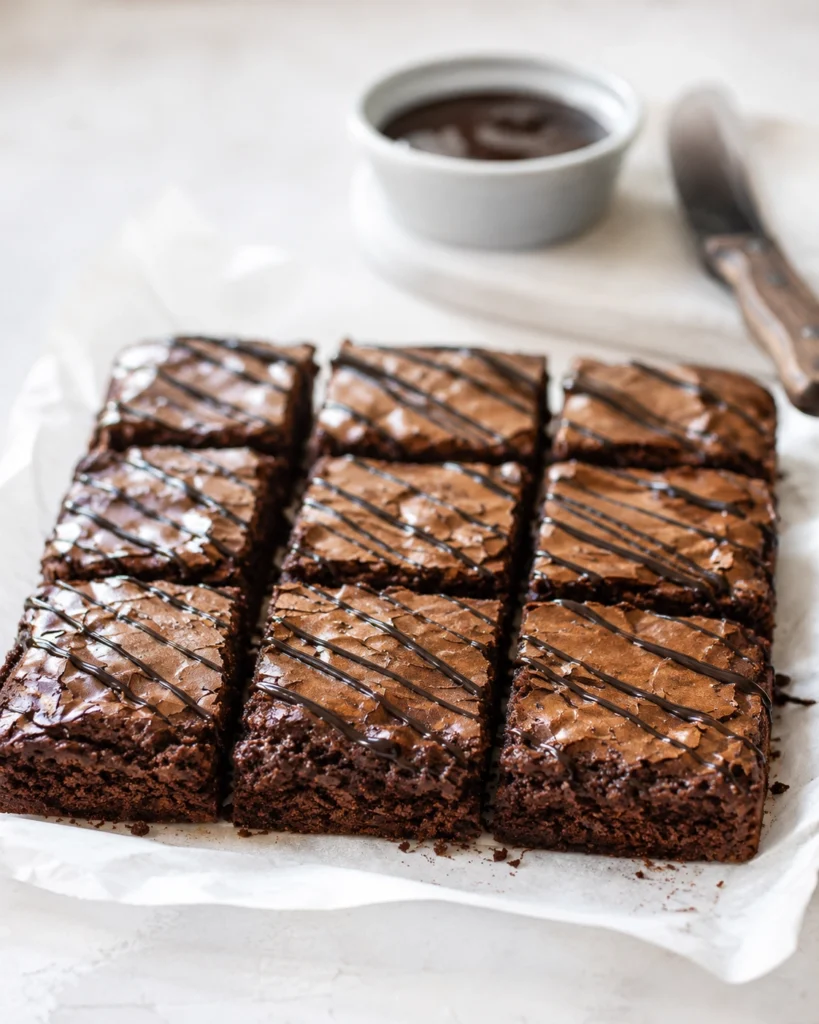 Brownies de chocolate cortados en cuadrados sobre papel vegetal con cobertura fina de chocolate.