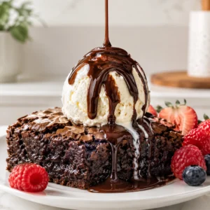 Brownie en freidora de aire jugoso servido con helado de vainilla, salsa de chocolate y frutos rojos frescos.