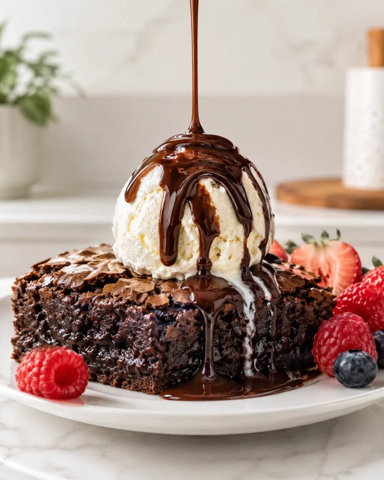 Brownie en freidora de aire jugoso servido con helado de vainilla, salsa de chocolate y frutos rojos frescos.