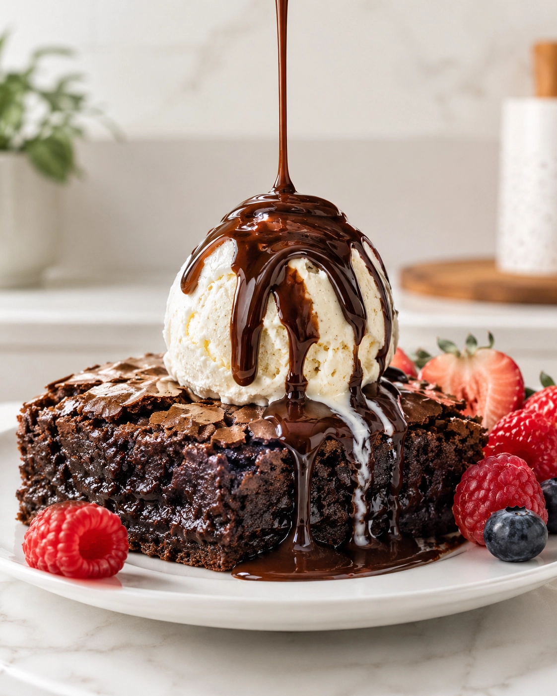 Brownie en freidora de aire jugoso servido con helado de vainilla, salsa de chocolate y frutos rojos frescos.