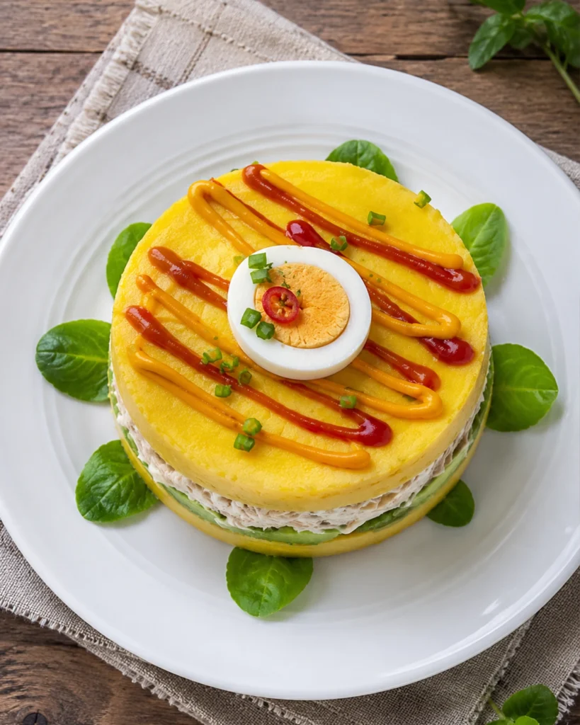 Causa limeña decorada con huevo duro, salsas de ají y hojas verdes en plato blanco.