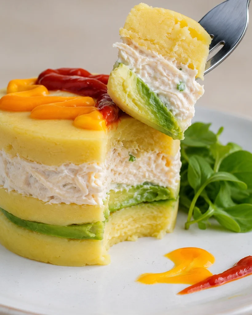 Porción de causa limeña en un tenedor mostrando capas cremosas de papa, pollo y aguacate.