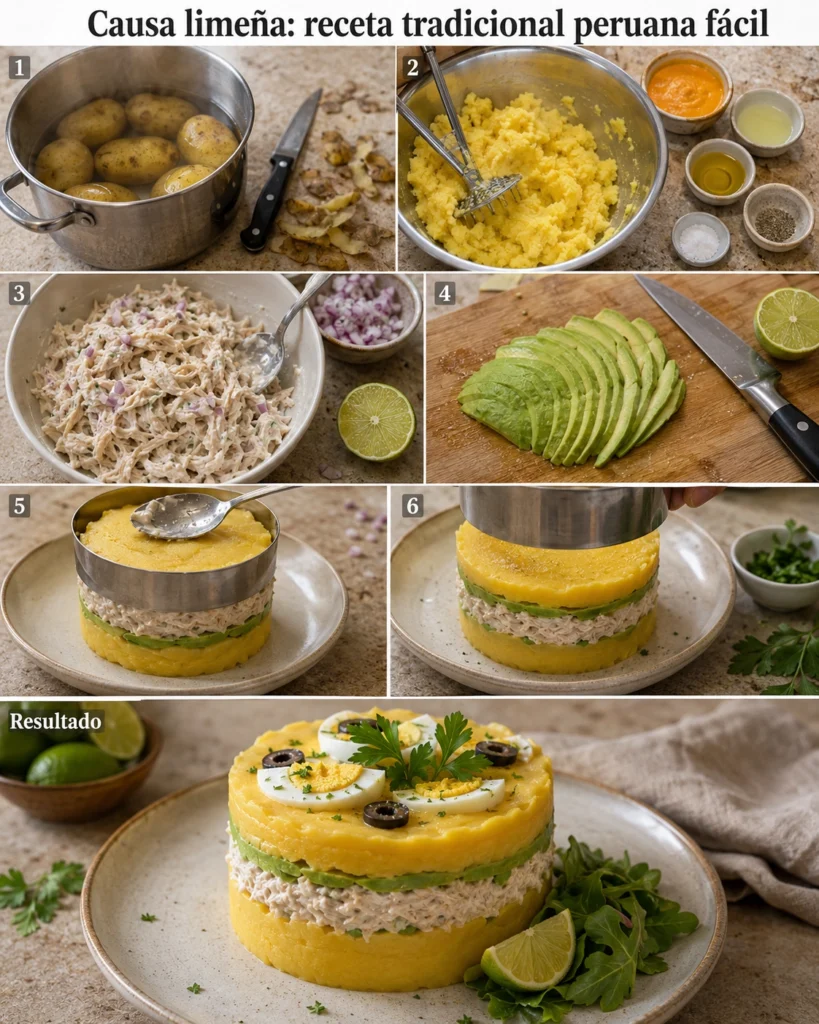 Paso a paso de causa limeña con cocción de papas, mezcla del relleno, montaje por capas y presentación final.