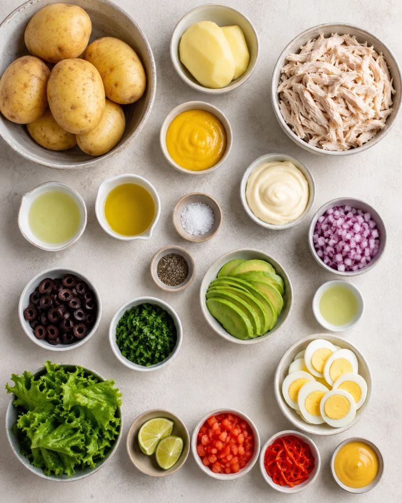 Ingredientes para preparar causa limeña con papa, pollo, aguacate, ají amarillo, lima, huevo y mayonesa.