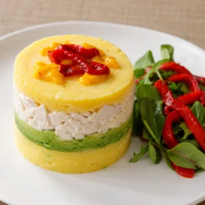 Causa limeña con capas de papa, pollo cremoso y aguacate, servida con ensalada verde y pimiento rojo.
