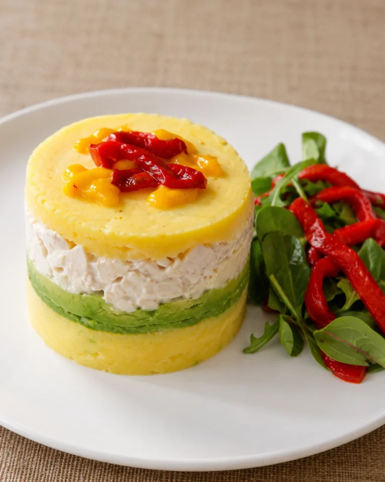 Causa limeña con capas de papa, pollo cremoso y aguacate, servida con ensalada verde y pimiento rojo.