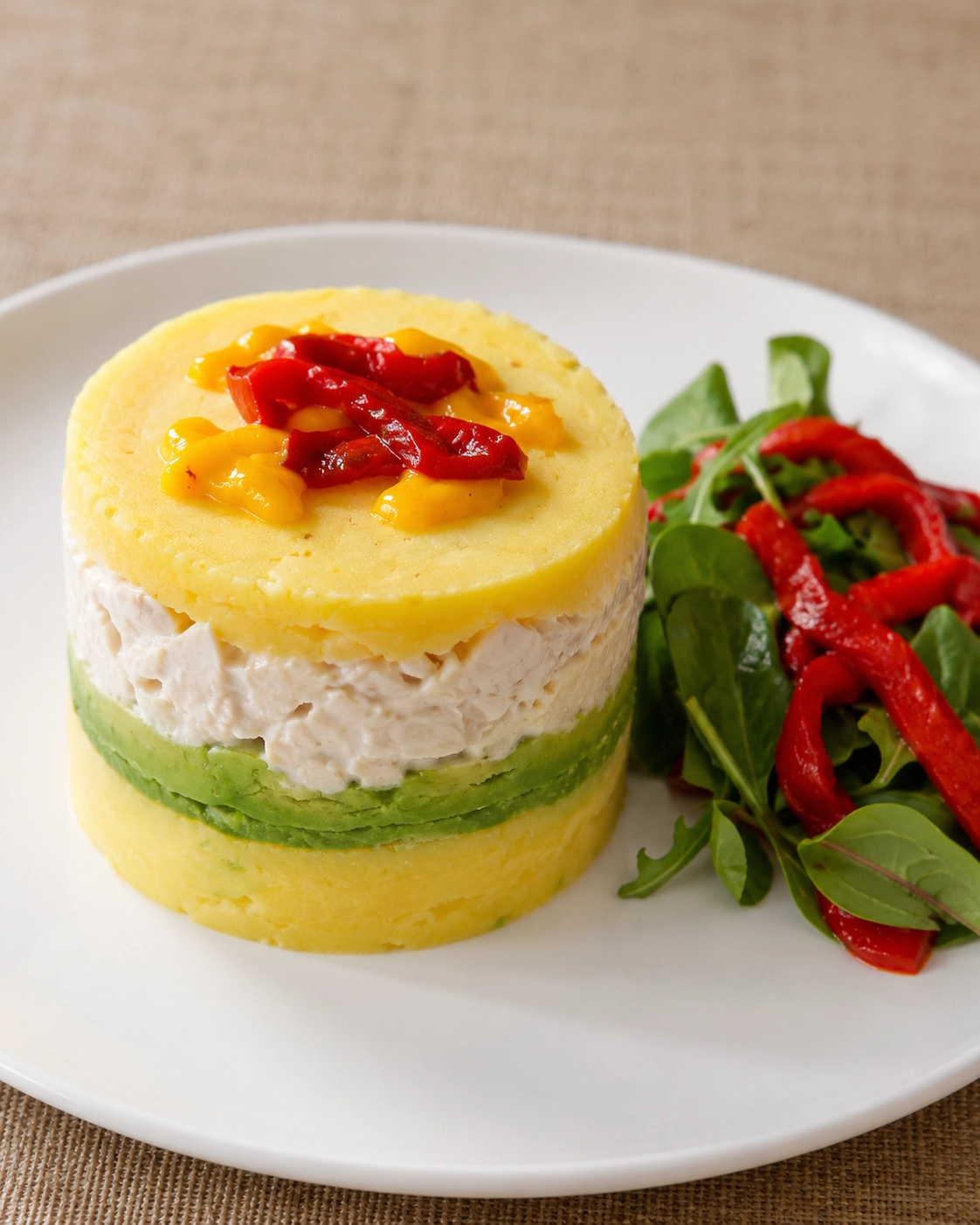 Causa limeña con capas de papa, pollo cremoso y aguacate, servida con ensalada verde y pimiento rojo.