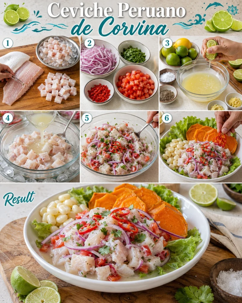 Proceso de preparación de ceviche casero con pescado fresco, cebolla morada, limón, cilantro y acompañamientos tradicionales