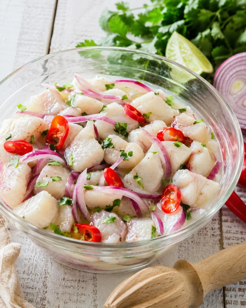 ceviche peruano de corvina en bol con limón, ají rojo, cebolla morada y cilantro fresco