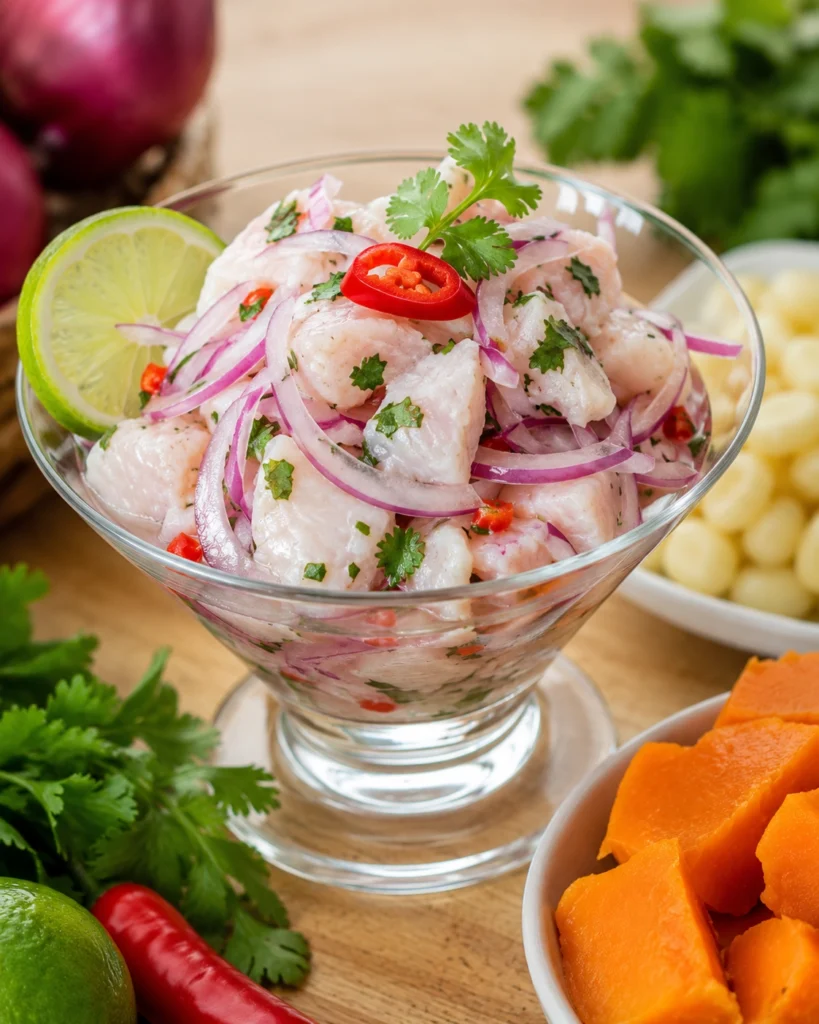ceviche peruano de corvina servido con camote cocido, maíz peruano, limón y cilantro
