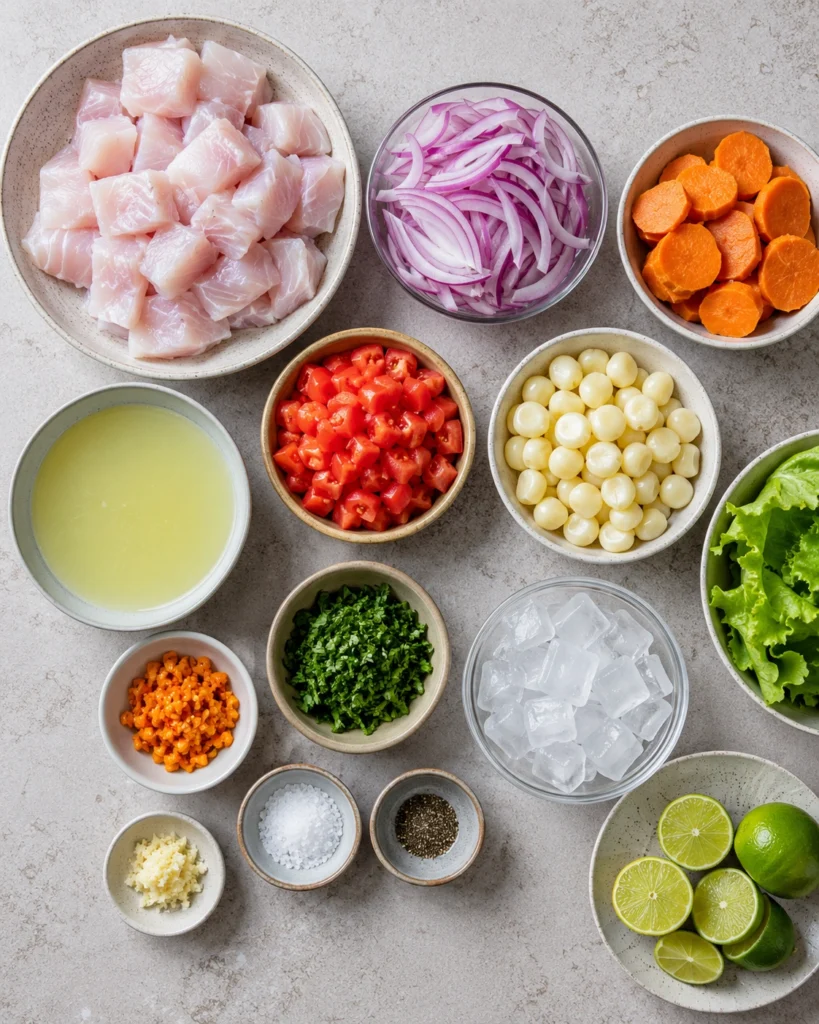 ceviche peruano de corvina ingredientes frescos con pescado blanco, limón, camote, maíz y cilantro