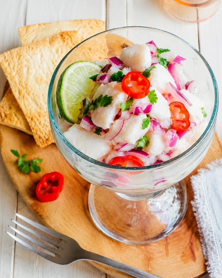 ceviche peruano de corvina casero servido en copa de vidrio con ají rojo y cebolla morada