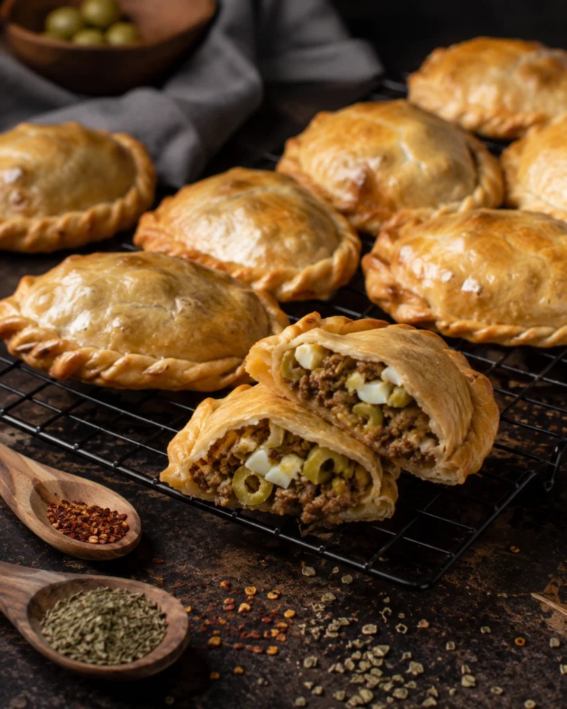 Empanadas argentinas de carne 6 Empanadas argentinas de carne doradas sobre rejilla, con una pieza abierta mostrando relleno de ternera, huevo y aceitunas.