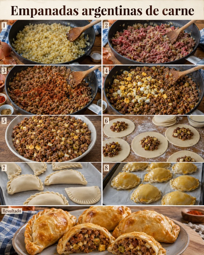 Empanadas argentinas de carne 4 Empanadas argentinas de carne paso a paso, desde el sofrito y el relleno hasta el montaje y el horneado final.
