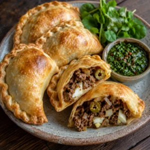 Empanadas argentinas de carne 7 Empanadas argentinas de carne servidas en plato rústico con relleno visible y salsa verde al lado.