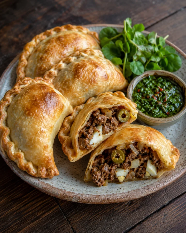 Empanadas argentinas de carne servidas en plato rústico con relleno visible y salsa verde al lado.