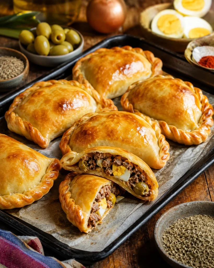 Empanadas argentinas de carne 5 Empanadas argentinas de carne horneadas en bandeja con una pieza cortada mostrando carne, huevo duro y aceitunas.