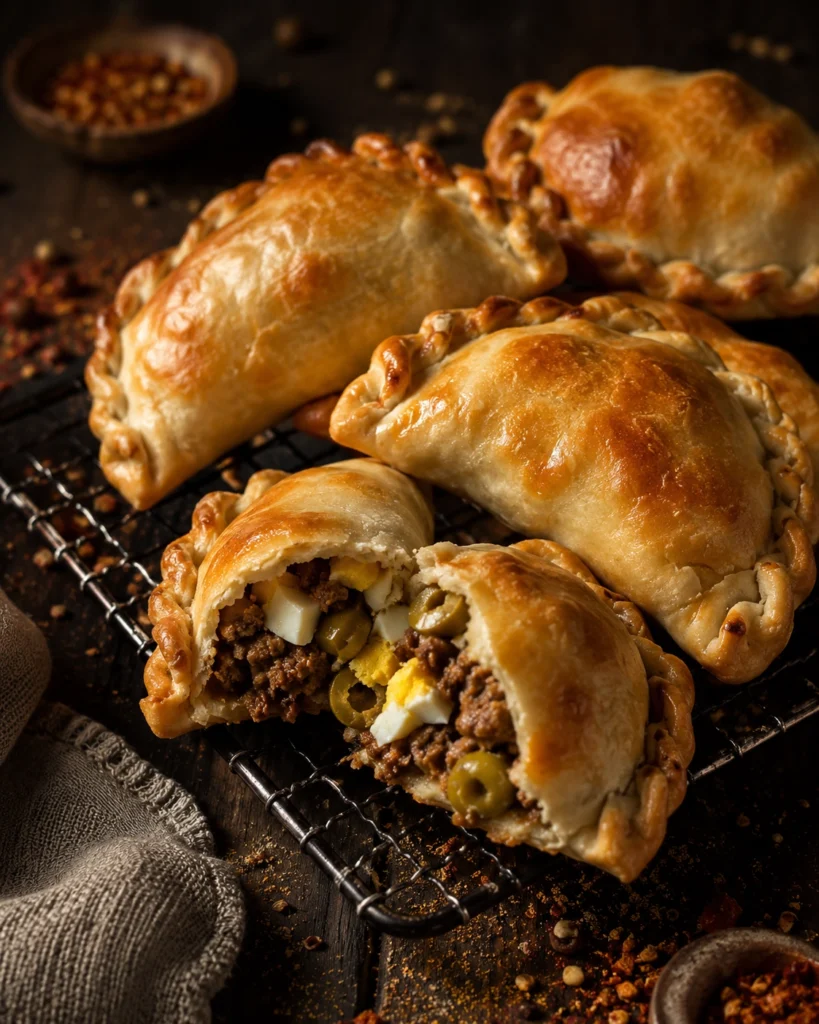 Empanadas argentinas de carne 2 Empanadas argentinas de carne doradas sobre rejilla, con una unidad abierta y relleno abundante de carne, huevo y aceitunas.