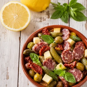 Cuenco de barro con fuet de res, aceitunas, pepinillos, queso, tomates secos y albahaca fresca sobre mesa blanca