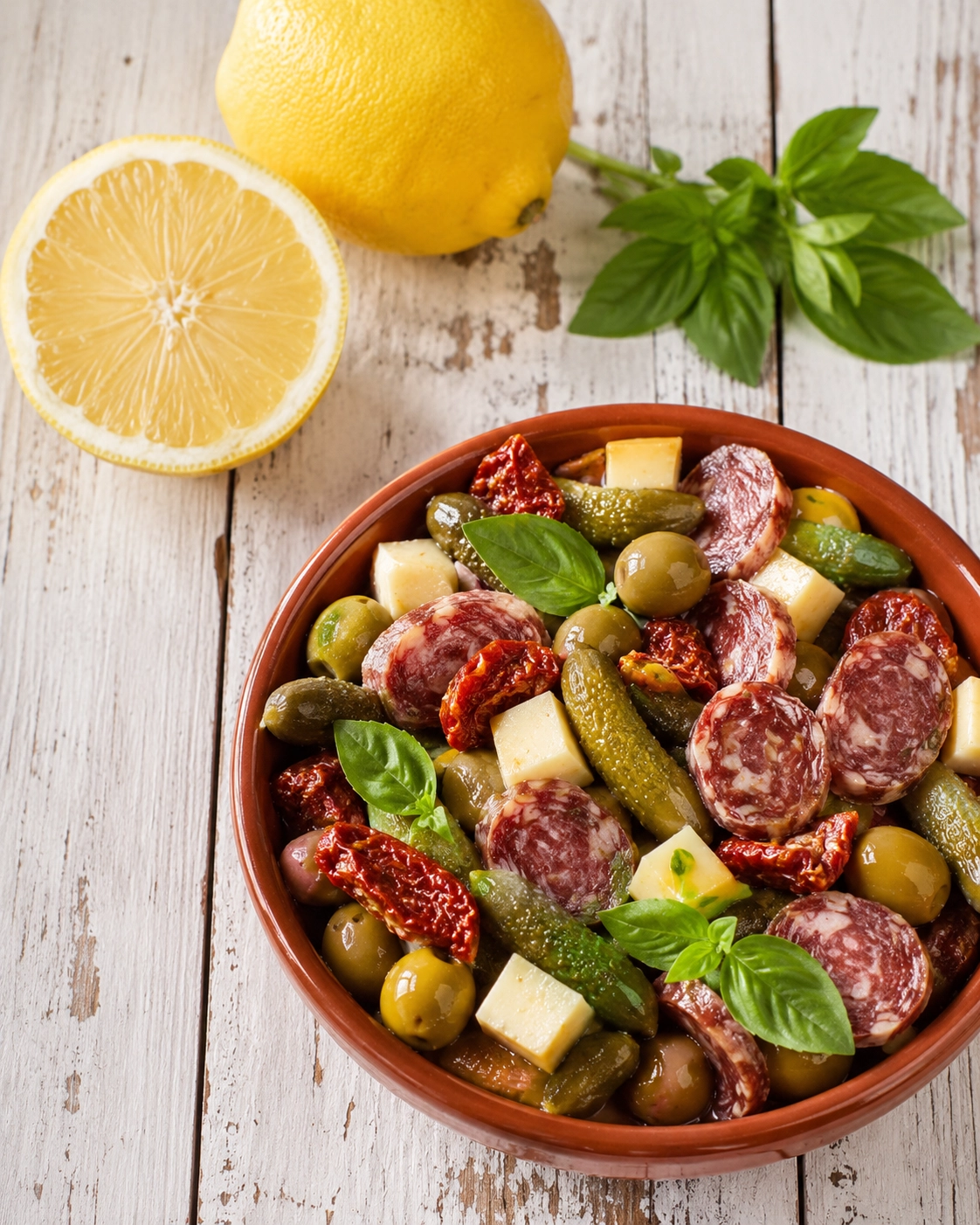 Cuenco de barro con fuet de res, aceitunas, pepinillos, queso, tomates secos y albahaca fresca sobre mesa blanca