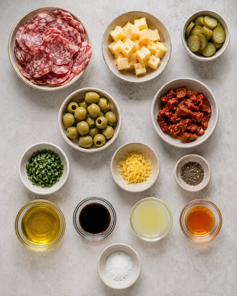 ingredientes organizados para preparar una ensalada fría con fuet de res, queso, aceitunas, pepinillos y tomate seco