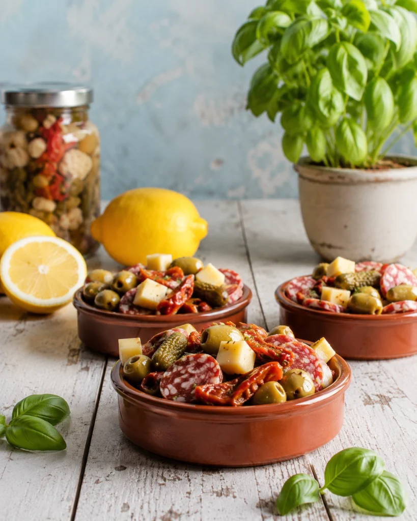 Tres cuencos de barro con fuet de res, queso, aceitunas, pepinillos y tomate seco junto a limones y albahaca