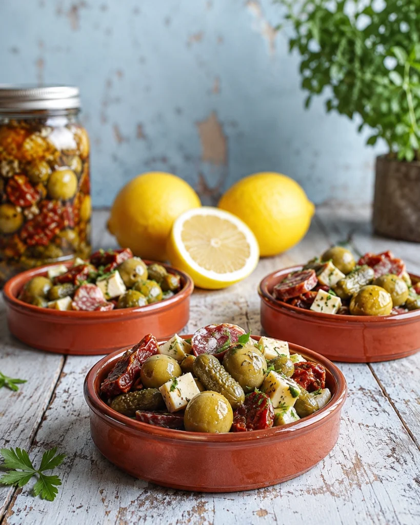 Plato frío con aceitunas verdes, pepinillos, queso en dados, tomate seco y láminas de fuet de res
