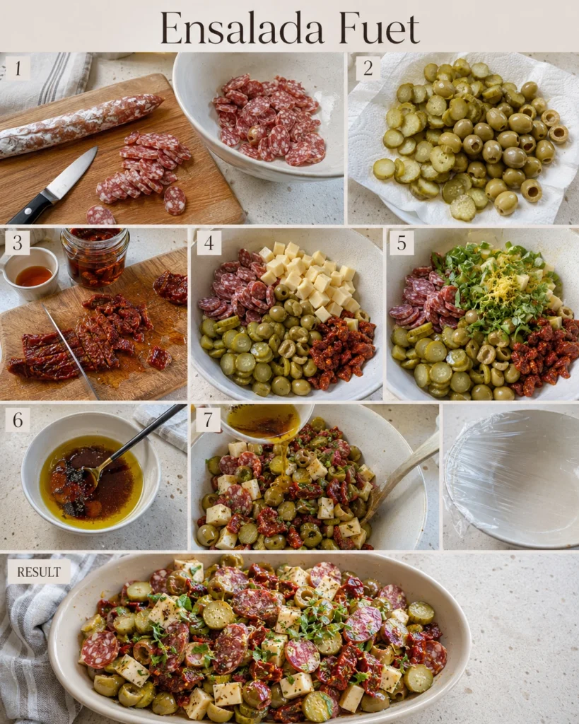 Collage con pasos para cortar el fuet de res, preparar encurtidos, mezclar ingredientes y aliñar la ensalada