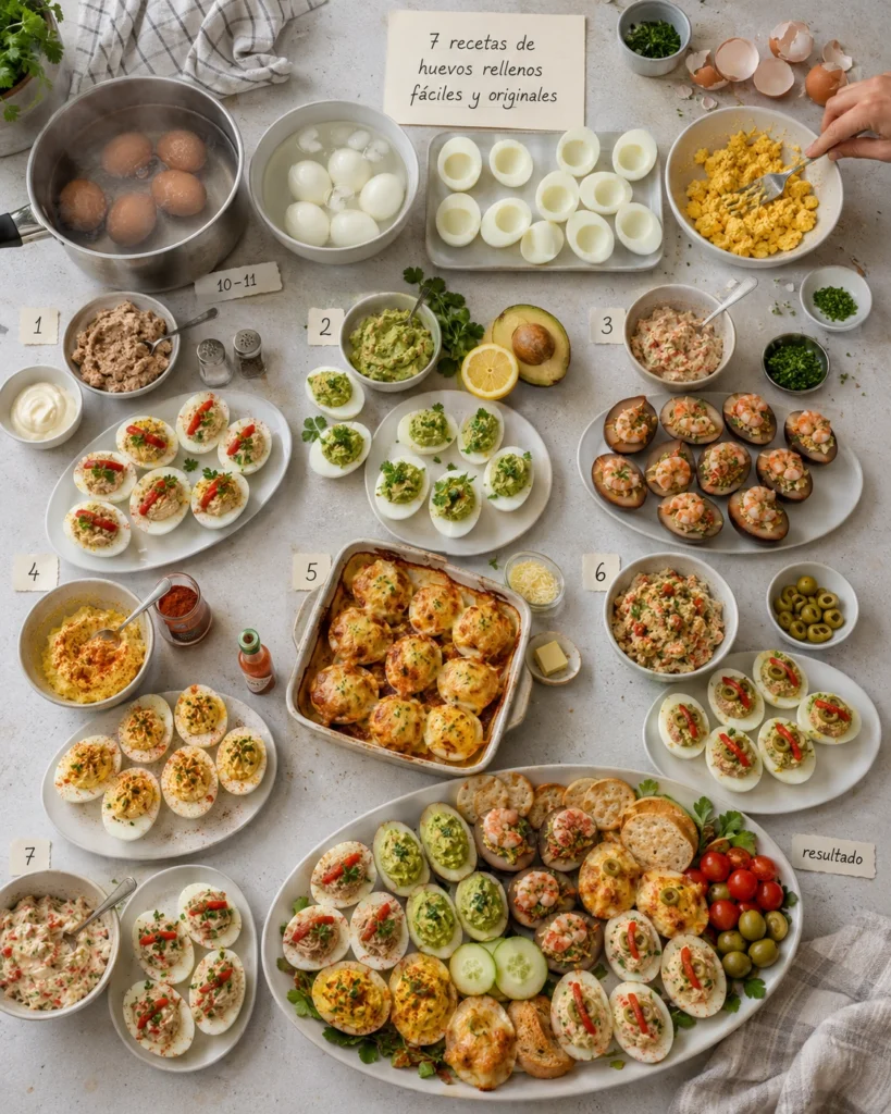 Huevos rellenos 3 Infografía cenital con siete recetas de huevos rellenos, ingredientes, preparaciones y una bandeja final de aperitivos variados.