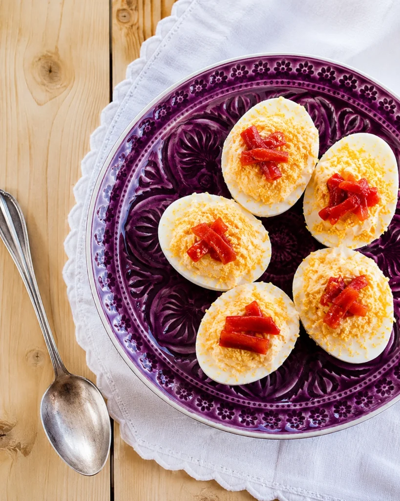 Huevos rellenos 4 Mitades de huevo duro decoradas con yema rallada y tiras de pimiento rojo sobre un plato morado de cerámica artesanal.