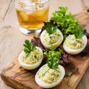 Huevos rellenos 6 Cuatro mitades de huevo duro con relleno cremoso de hierbas, perejil fresco y hojas de ensalada sobre una tabla de madera.