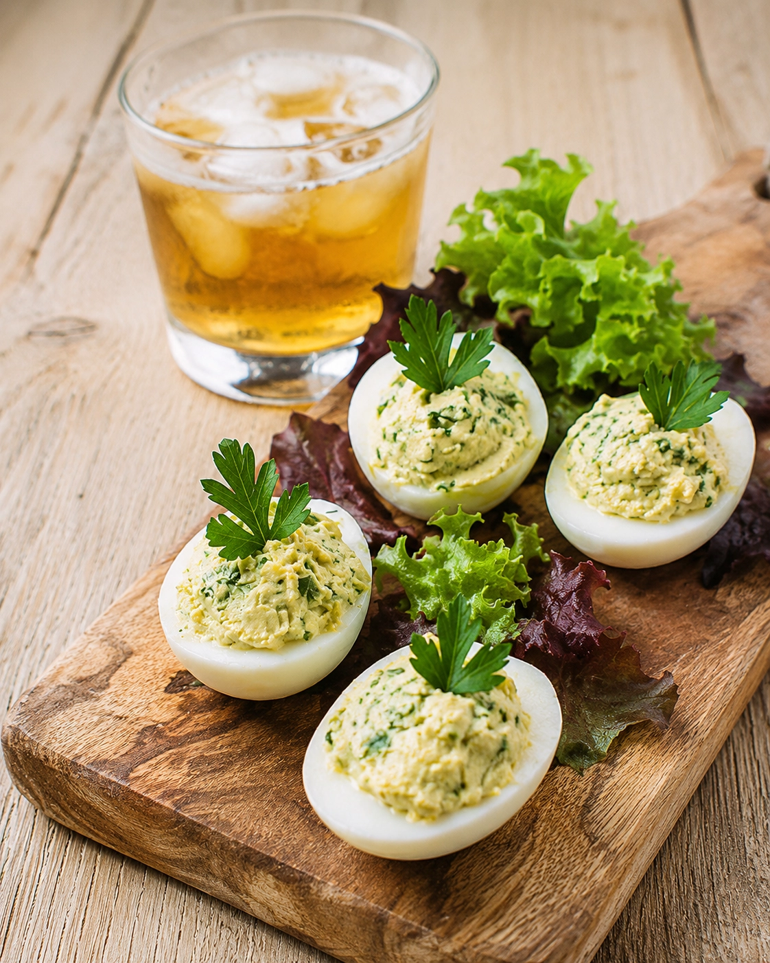 Huevos rellenos 1 Cuatro mitades de huevo duro con relleno cremoso de hierbas, perejil fresco y hojas de ensalada sobre una tabla de madera.