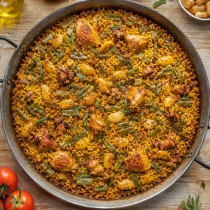 Paellera con arroz dorado, judías verdes, alubias y trozos de pollo cocinados de forma tradicional.