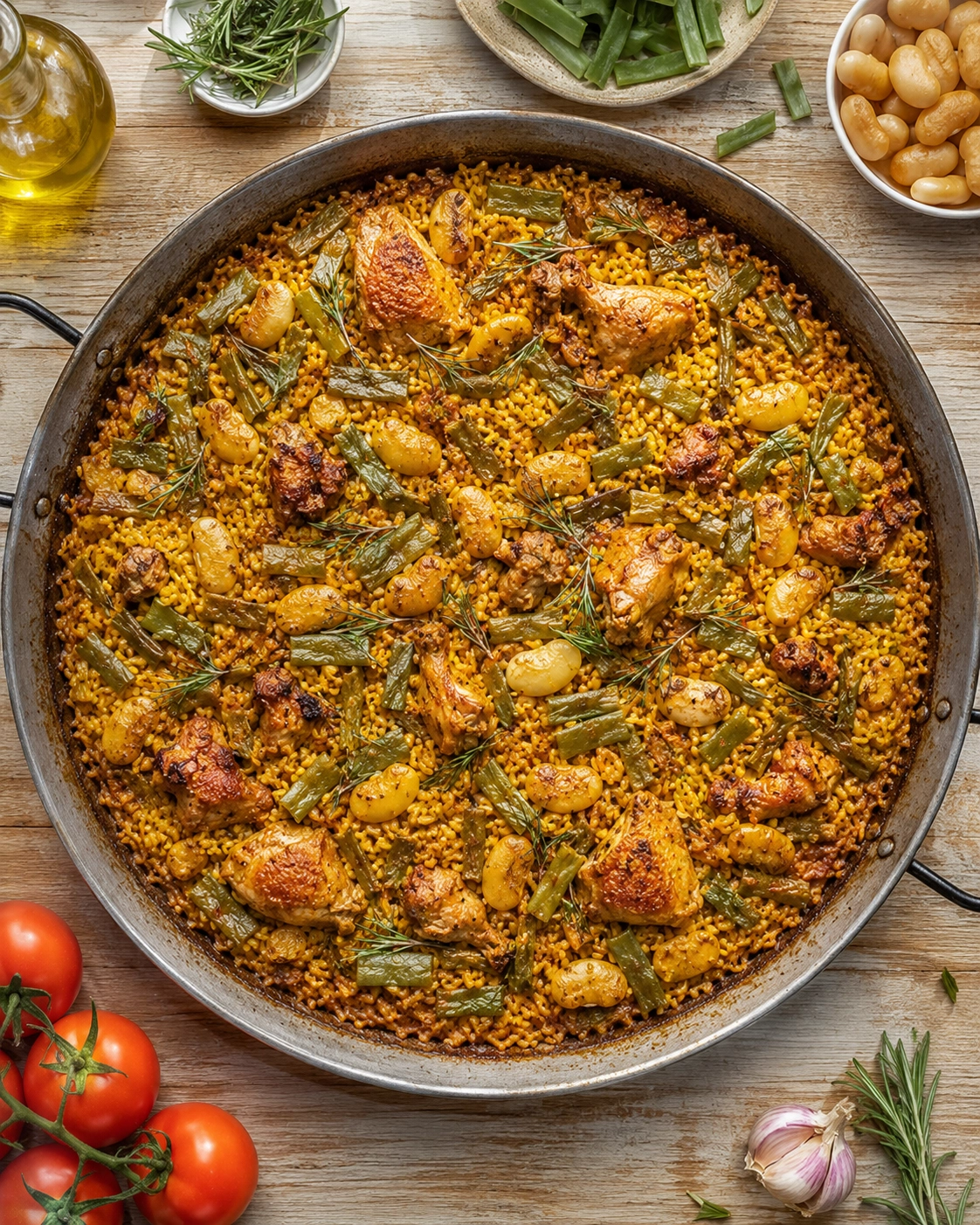 Paellera con arroz dorado, judías verdes, alubias y trozos de pollo cocinados de forma tradicional.