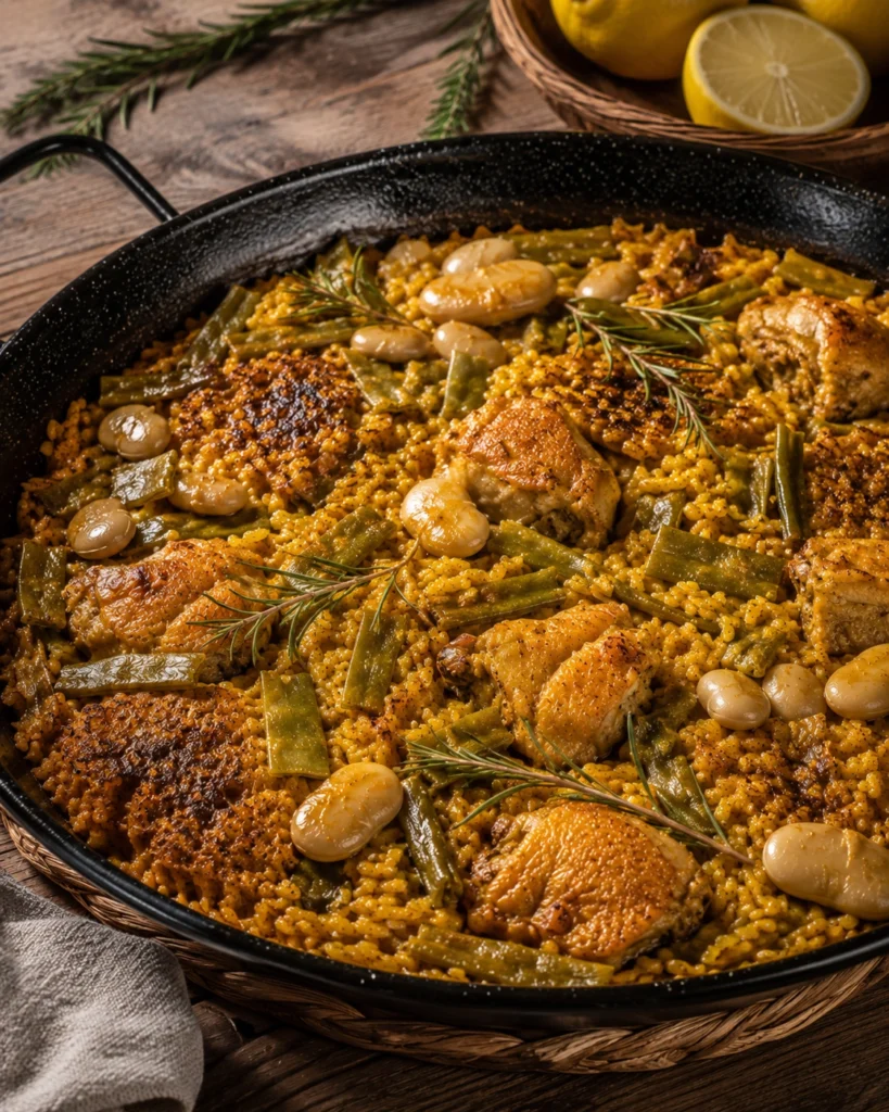 Arroz dorado servido en paellera negra con pollo jugoso, alubias blancas y verduras cocinadas lentamente sobre mesa rústica.