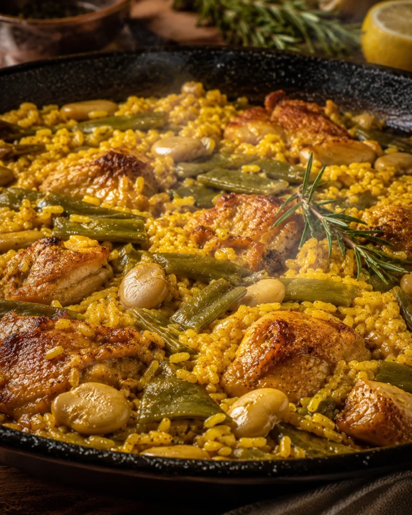 Detalle cercano de granos de arroz dorados, verduras y piezas de pollo con textura brillante y aspecto recién cocinado.