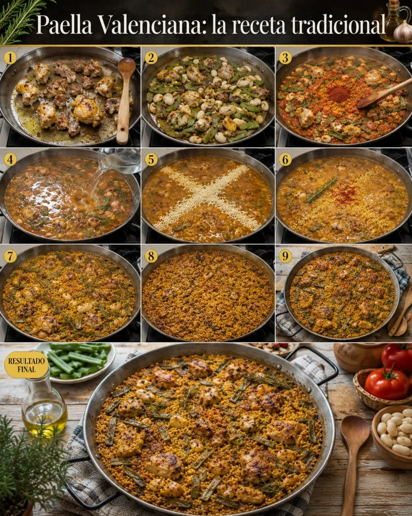 Collage visual que muestra las diferentes fases de elaboración desde el sofrito hasta el resultado final en paellera.